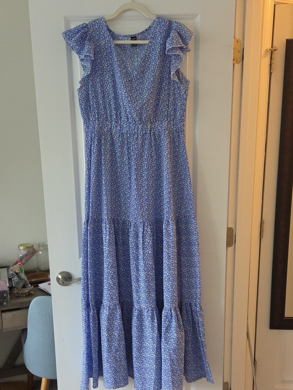 Blue Floral Maxi Dress with Ruffle Sleeves